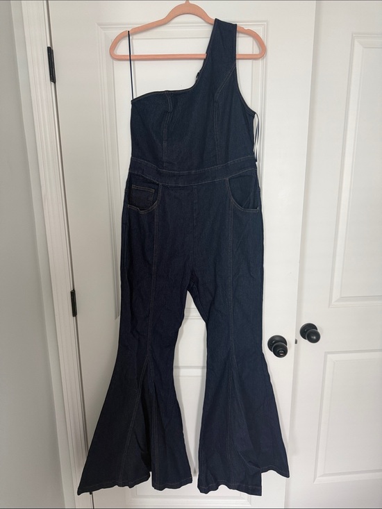 Fashion Nova Pants - Fashion Nova Dark Denim One-Shoulder Flared Jumpsuit